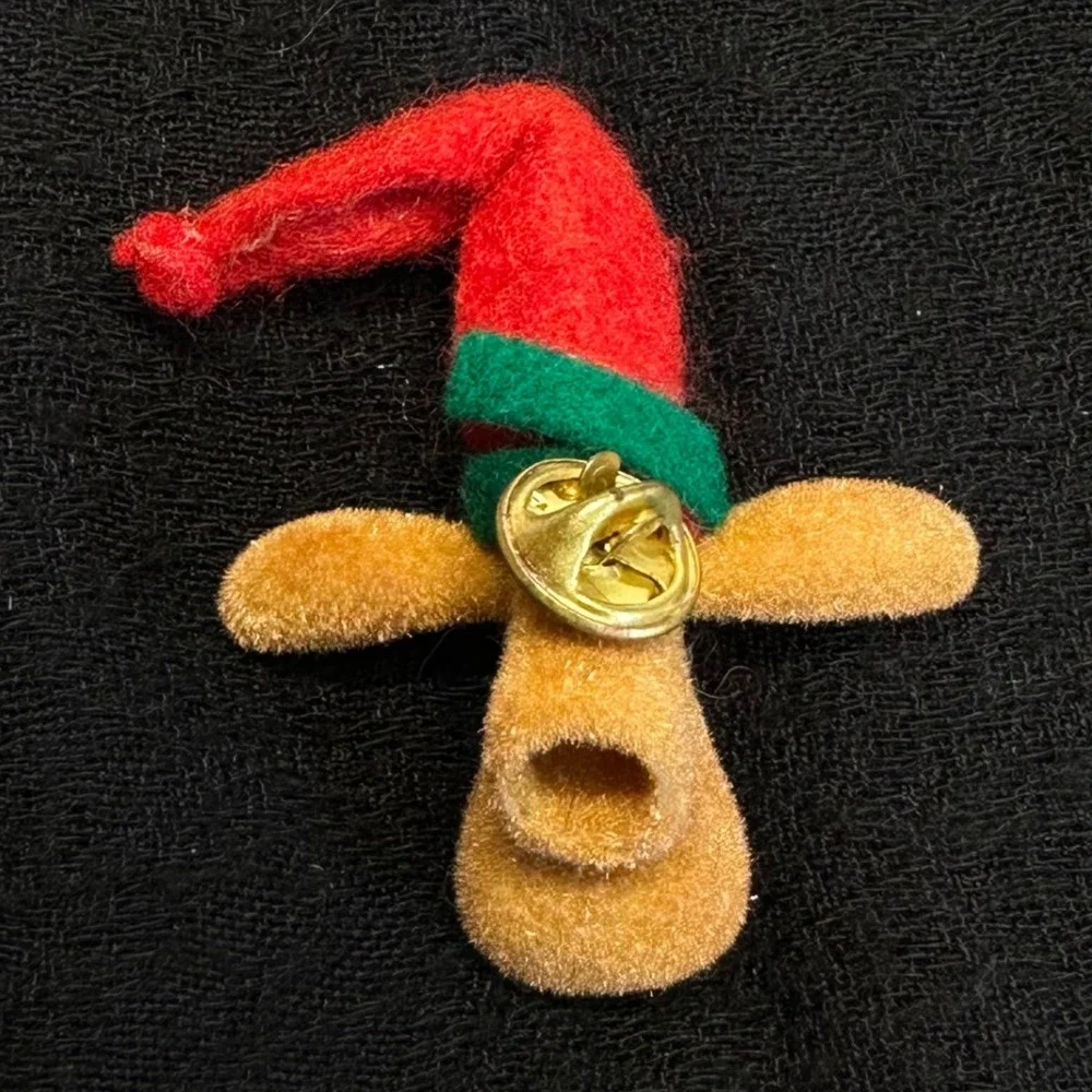 Vintage Flocked Reindeer Elf Hat Lapel‎ Pin Christmas Novelty Brooch